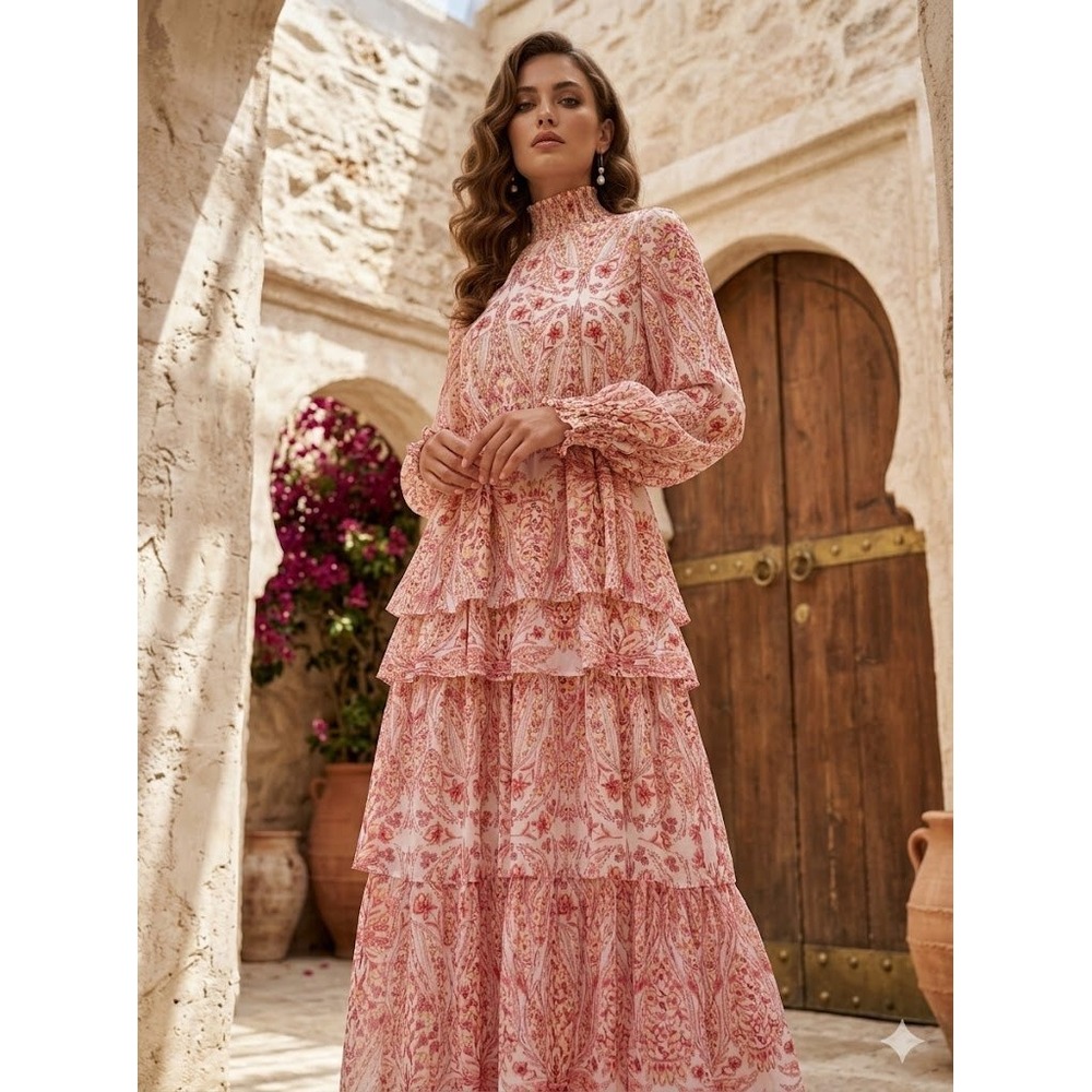Floral Paisley Tiered Maxi Dress Mock Neck Smocked Cuff Pink XS Cottagecore Boho